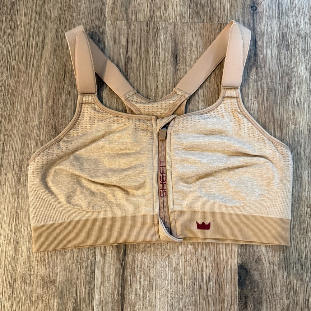 SHEFIT Lounge Bra Luxe Beige Front Zip Sports Bra Wireless Comfort Active - Picture 2 of 8